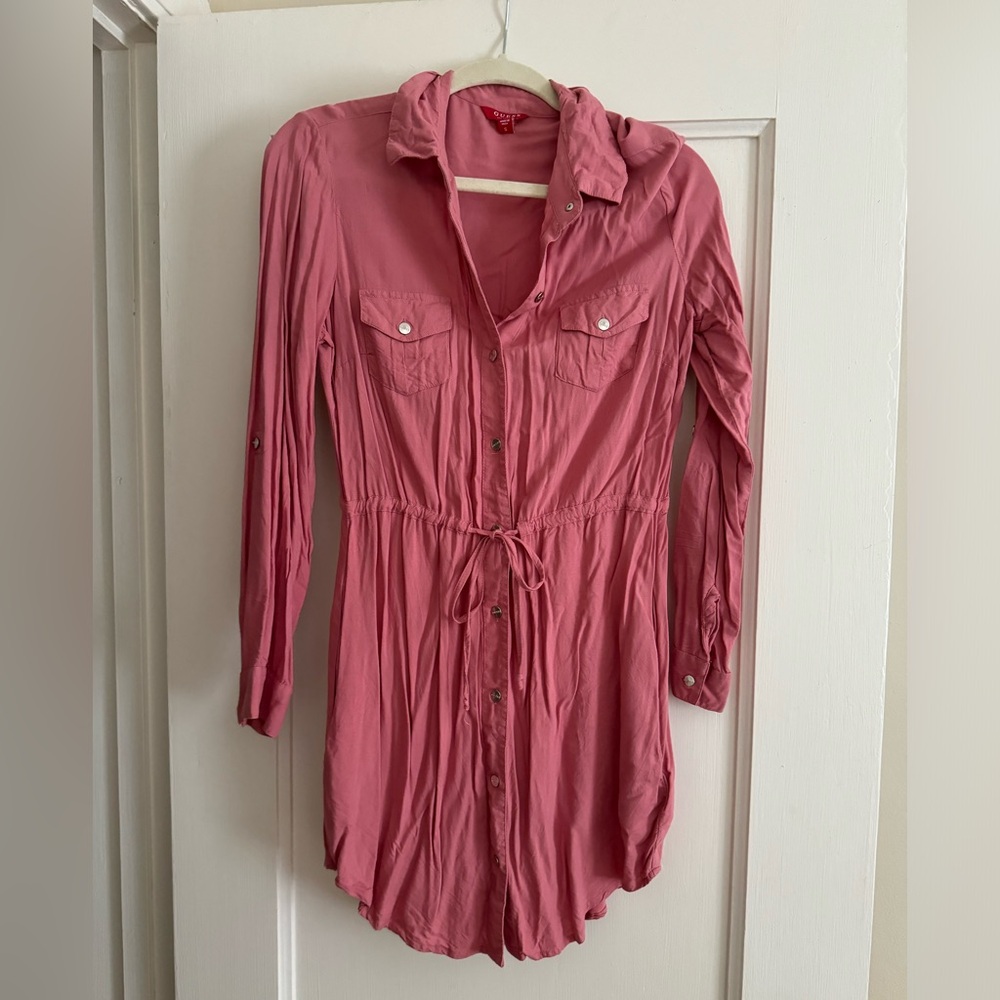 Guess pink button up cotton dress with sleeves